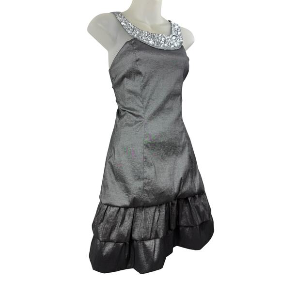 Y2K TABOO USA silver taffeta mini dress with bling collar - Picture 2 of 9